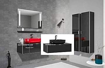 Orka Yalıköy 90 Banyo Dolabı Siyah (Siyah Lavabolu) + Boy Dolabı 30 ( Boy Dolabı Dahil 1 Ad.)
