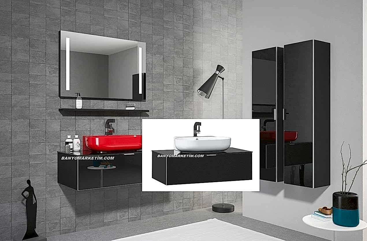 Orka Yalıköy 90 Banyo Dolabı Siyah (Beyaz Lavabolu) (Boy Dolapları Hariçtir)