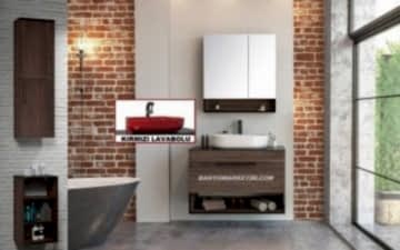 Orka Knidos 90+30 Banyo Dolabı Navaro ( Dolaplı Aynalı ) (Kırmızı Lavabolu) ( Alt ve Üst Yan Boy Dolapları Dahildir )