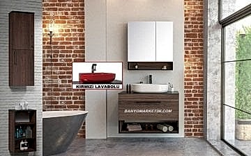 Orka Knidos 90+30 Banyo Dolabı Navaro ( Dolaplı Aynalı ) (Kırmızı Lavabolu) ( Üst Asma Yan Boy Dolabı Dahildir - Alt Yan Boy Dolabı Hariçtir )