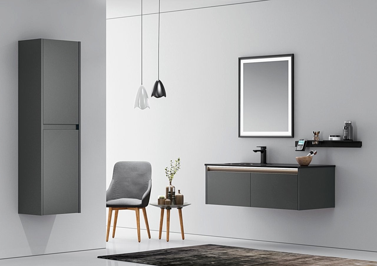 Orka Lisbon 110 Banyo Dolabı Antrasit (Style 65x75 Led Aynalı) (Etajer Hariç) (Boy Dolabı Hariç)