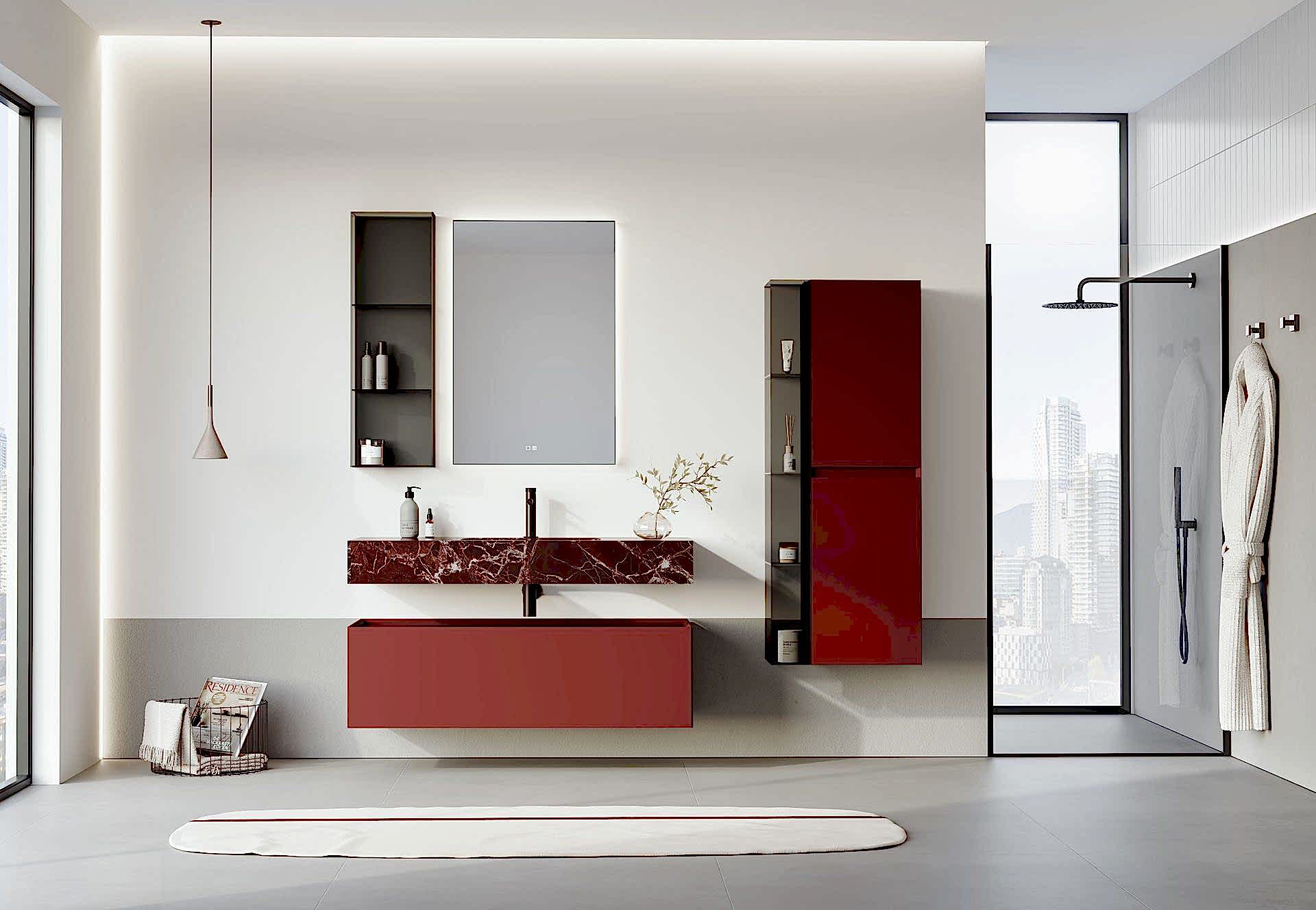 Orka Levanto 100 Banyo Dolabı ( Mat Vişne / Mermer Tezgahlı ) ( Boy Dolabı 40 ve Cam Raf 15 Hariçtir )