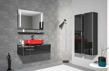 Orka Yalıköy 90 Banyo Dolabı Siyah (Kırmızı Lavabolu) (Boy Dolapları Hariçtir)